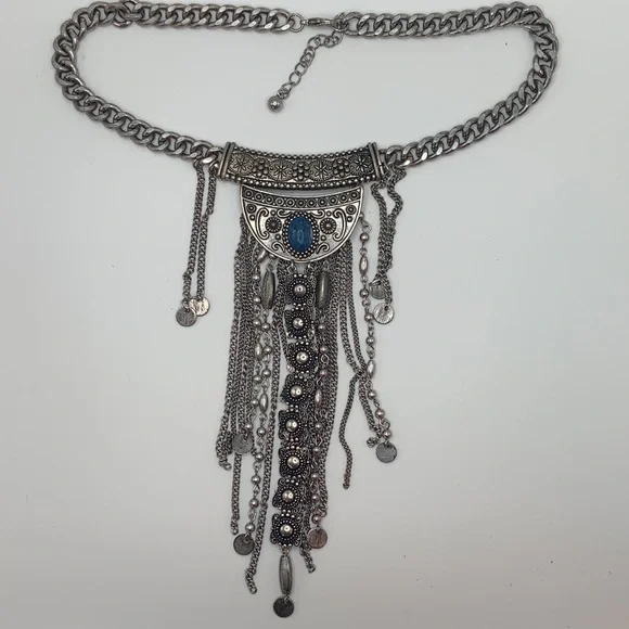 Vintage Bohemian Silvertone tassel Necklace - Picture 3 of 4